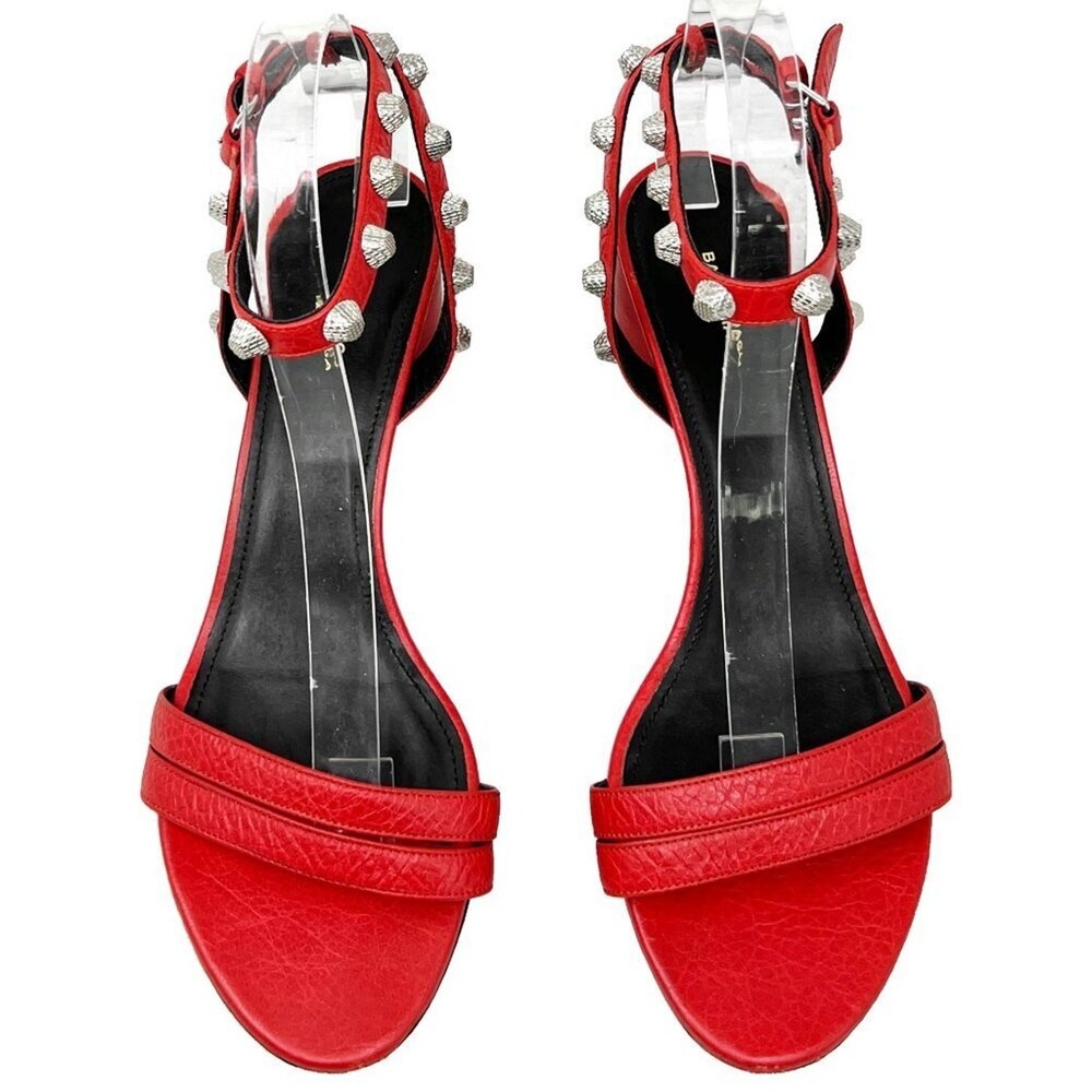 Balenciaga Red Leather Studded Sandals Silver Heel Shoes 37 - Picture 2 of 9